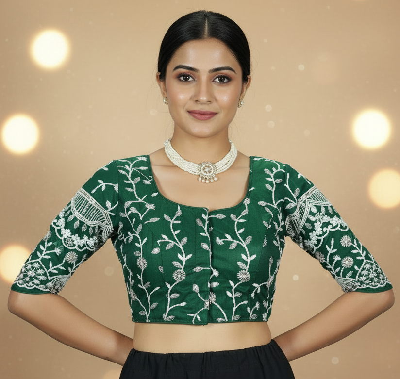 Green Designer Padded Blouse with Aari Work Floral Embroidery, Elbow Sleeves and Back Knot, Fully Stitched