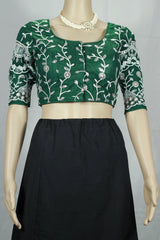 Green Designer Padded Blouse with Aari Work Floral Embroidery, Elbow Sleeves and Back Knot, Fully Stitched - Green
