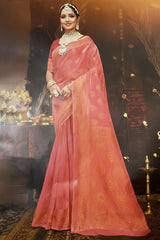 Peach Cotton Shimmer Saree with Stone Work and Grand Pallu, Designer Saree with Blouse - Peach