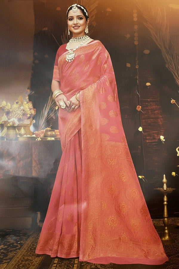 Peach Cotton Shimmer Saree with Stone Work and Grand Pallu, Designer Saree with Blouse - Peach
