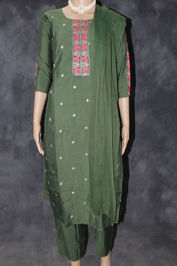 Beautiful Cotton 3 piece set, Pant with Elastic and shawl. Embroidered and sequin details work, Soft chiffon fabric Dupatta