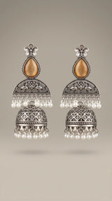 Oxidised Silver-Finish Jhumka Earrings with Floral Stud and Pearl Bead Drops for Women - Brown