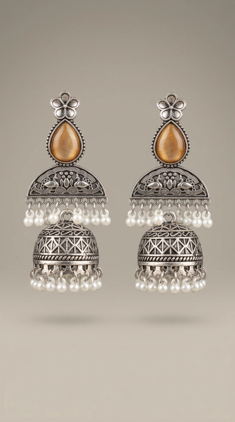Oxidised Silver-Finish Jhumka Earrings with Floral Stud and Pearl Bead Drops for Women - Brown