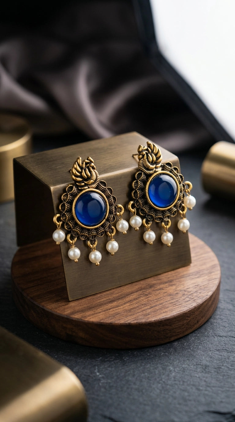 Navy Blue Stone & Pearl Drop Antique Gold-Tone Statement Earrings for Women | 1.5 inch - Navy Blue