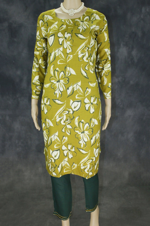 Olive Green Cotton Kurta Set with Floral Print - Olive Green