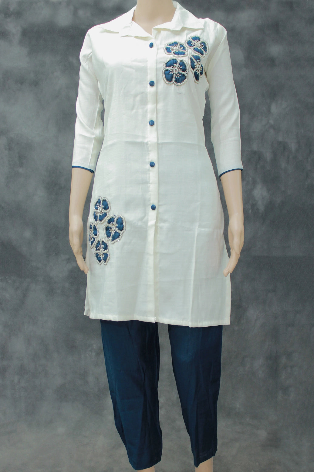 White Cotton-Rayon Embroidered Floral Kurti with Navy Pants - 2PC Set - Half white & Navy blue