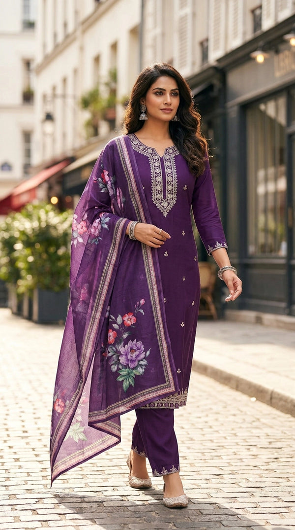Dark Purple Roman Silk Kurti Pant Set with V-Neck Handwork, Sequins & Zari, Digital Organza Dupatta - Dark Purple
