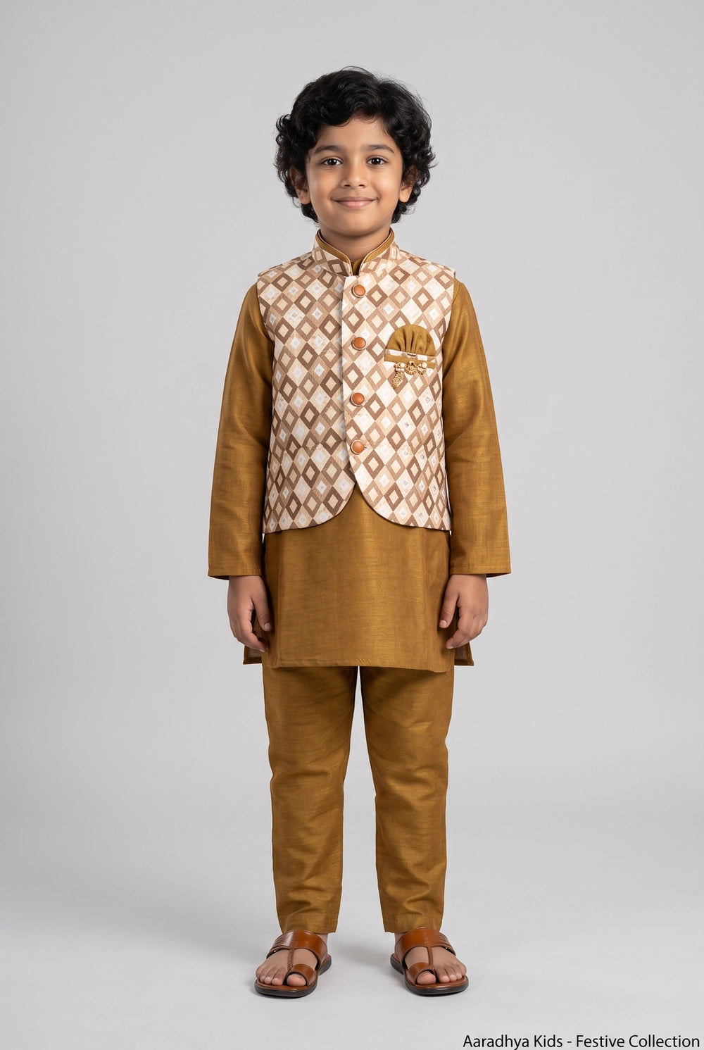 Boys Mustard Yellow Koti Kurta Set with Printed Nehru Jacket, Matching Pajama & Brooch (3-Piece) - Mustard Yellow