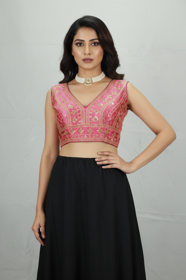 Magenta Designer Padded Sleeveless Blouse with Gold Thread Embroidery & Sequin Work, Back Knot, Readymade