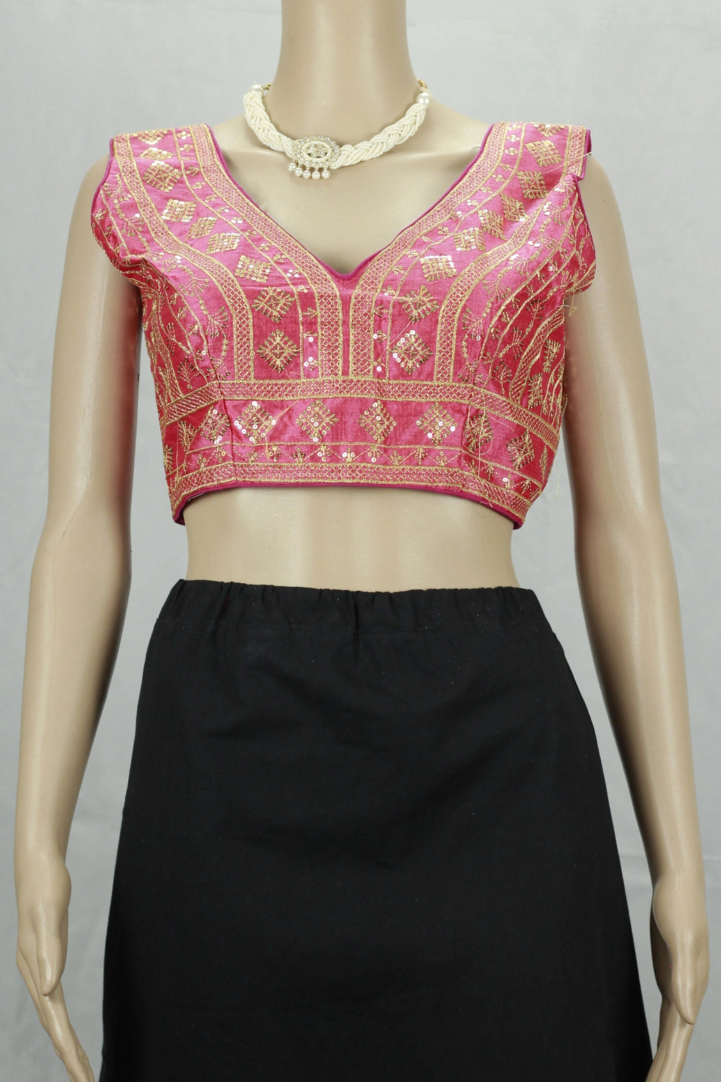Readymade Designer Padded Blouse, Fully Stitched, heavy gold thread embroidery and sequin work, Sleeve less, back knot,   Upper Bust-40,  Bu - Magenta