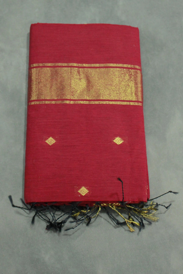 Red Silk Cotton Saree with Zari Border and Matching Blouse, Traditional Nayanthara Style - Red