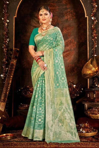Green Candy Crush Cotton Saree with Blouse, Light Weight Traditional Weaving Saree for Festive Wear - Green