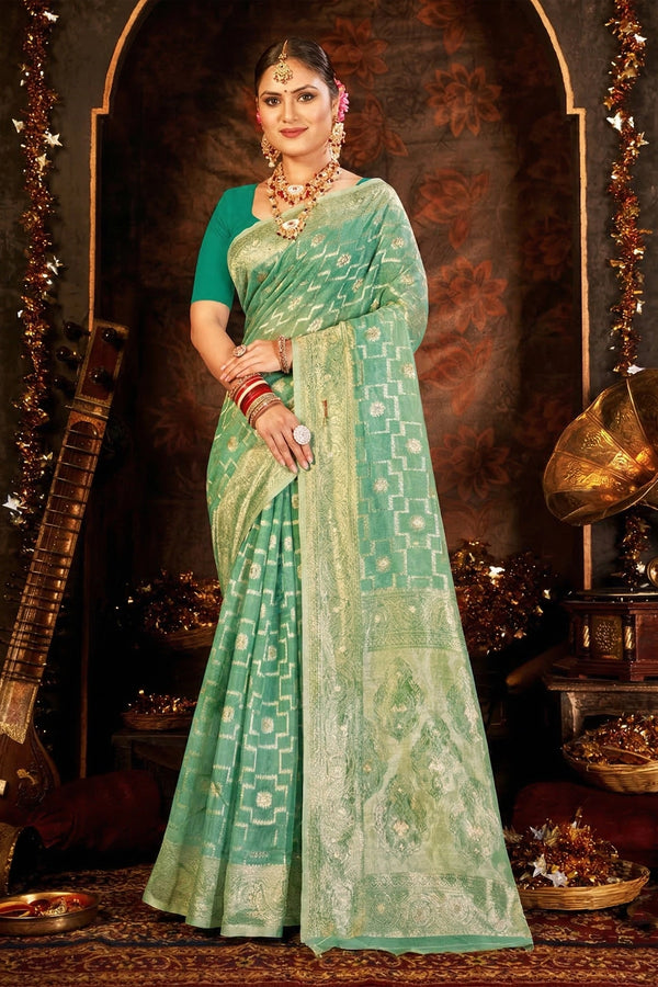Green Candy Crush Cotton Saree with Blouse, Light Weight Traditional Weaving Saree for Festive Wear - Green