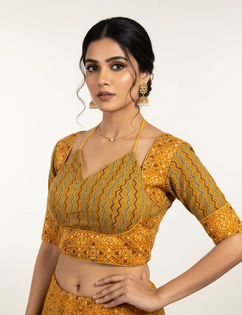 Yellow Ajrakh-Inspired Padded Cotton Blouse, Readymade Designer Fully Stitched with Back Knot & Zigzag Print - Yellow