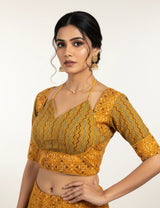 Yellow Ajrakh-Inspired Padded Cotton Blouse, Readymade Designer Fully Stitched with Back Knot & Zigzag Print - Yellow
