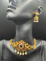 Gold-Tone Temple Choker Necklace Set with Red & Green Stones, Pearl Drops and Matching Jhumka Earrings Jewelry JCS Fashions Red & Green 3 inch