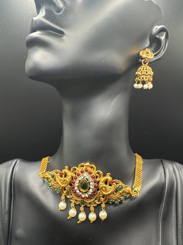 Gold-Tone Temple Choker Necklace Set with Red & Green Stones, Pearl Drops and Matching Jhumka Earrings Jewelry JCS Fashions Red & Green 3 inch