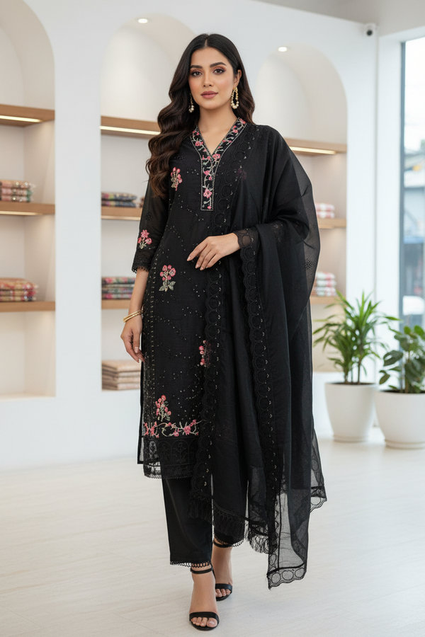 Black Organza 3-Piece Salwar Suit Set with Khatli Work Kurti, Roman Silk Bottom & Border Dupatta