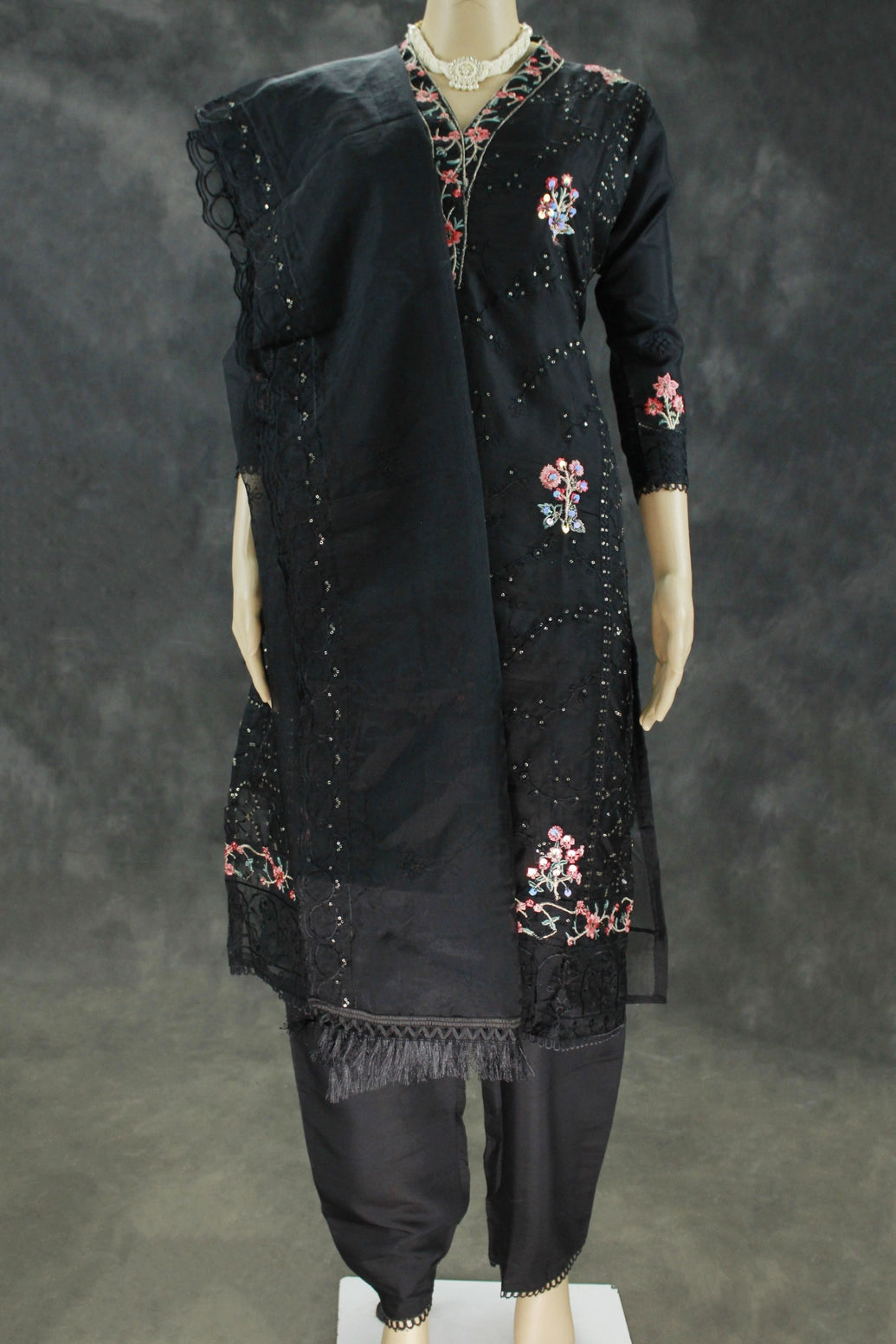 Black Organza 3-Piece Salwar Suit Set with Khatli Work Kurti, Roman Silk Bottom & Border Dupatta - Black