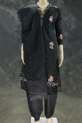 Black Organza 3-Piece Salwar Suit Set with Khatli Work Kurti, Roman Silk Bottom & Border Dupatta - Black