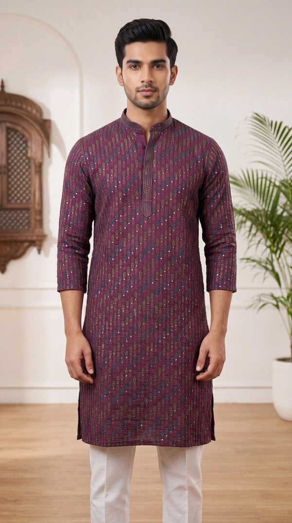 Men’s Wine Cotton Kurta with Multicolor Embroidery & Gold Sequin Work (Pareek) for Festive Wear - Wine