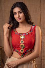 Mirror-Work Navratri Sleeveless Blouse with Pearl Bead Mirror Clusters and Diamond Motifs