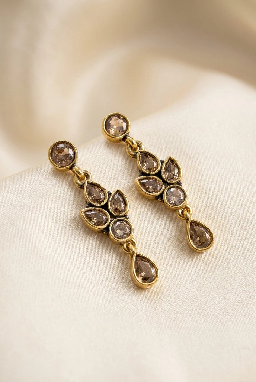 Sona Novelty Gold-Tone Drop Earrings with Multi Stone Teardrop Dangles for Traditional & Festive Wear