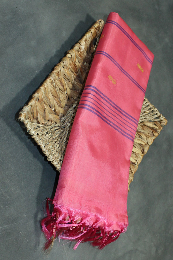 Banana Pith (Vaazhai Naar) Salmon Pink Saree with Gold-Tone Zari Border and Small Butta - Salmon Pink