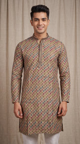 Men’s Beige Cotton Kurta with Multicolor Embroidery & Gold Sequin Detail (Pareek) - Beige