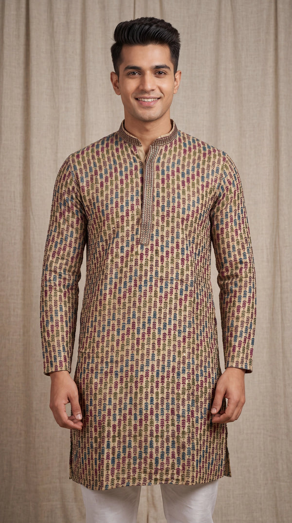 Men’s Beige Cotton Kurta with Multicolor Embroidery & Gold Sequin Detail (Pareek) - Beige