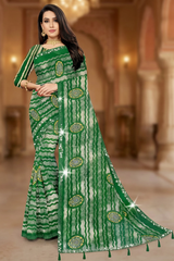 Green Georgette Saree with Contrast Border, Jasmin Zomato Print and Striped Floral Motifs