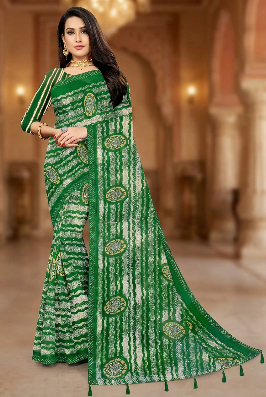 Green Georgette Saree with Contrast Border, Jasmin Zomato Print and Striped Floral Motifs - Green