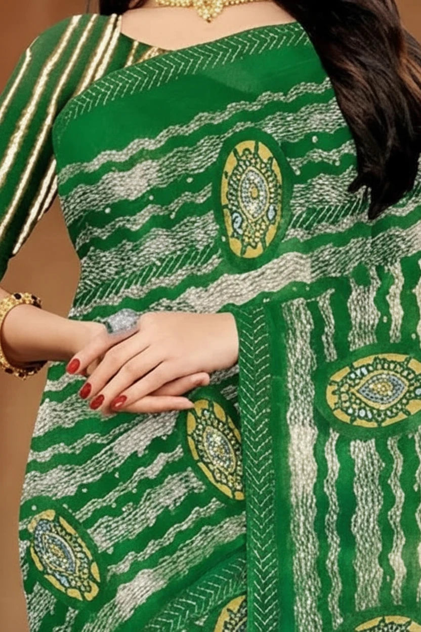 Green Georgette Saree with Contrast Border, Jasmin Zomato Print and Striped Floral Motifs - Green
