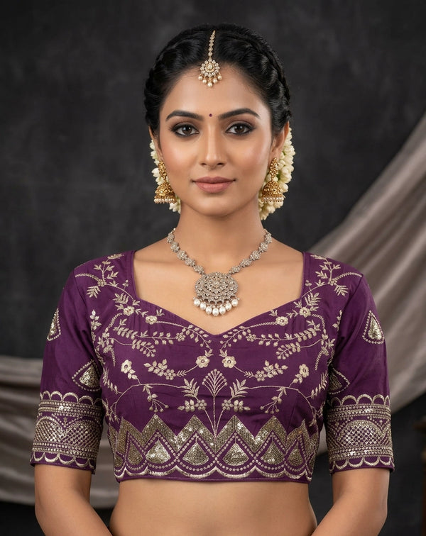 Purple Readymade Designer Padded Blouse with Embroidery & Sequence Work, Elbow Sleeve, Back Knot Stitching - Purple