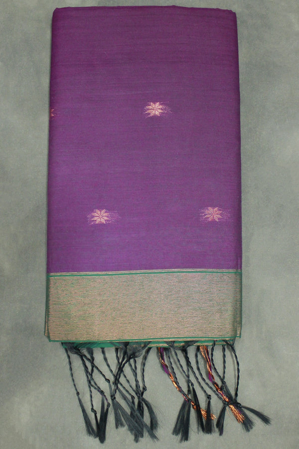 Maheswari Silk Cotton Saree in Purple with Small Butta and Zari Border - Purple