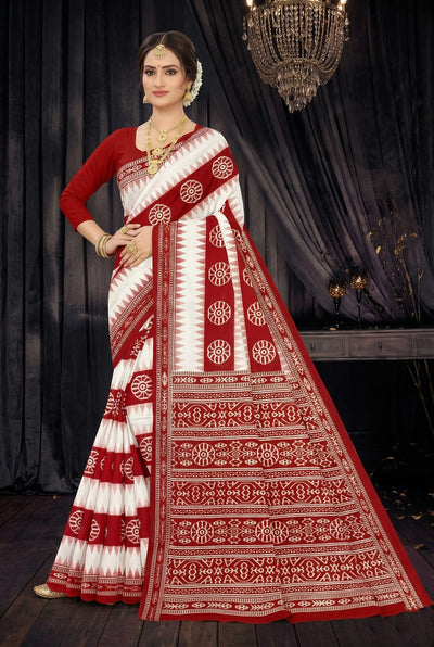 Beautiful Cotton Printed Saree, Pure Cotton saree, red and white color - Red & White