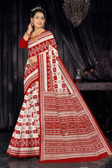 Red & White Cotton Printed Saree with Traditional Border, Ethnic Daily Wear for Women - Red & White