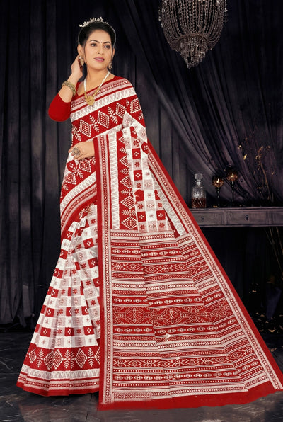 Red & White Cotton Printed Saree with Traditional Border, Ethnic Daily Wear for Women - Red & White