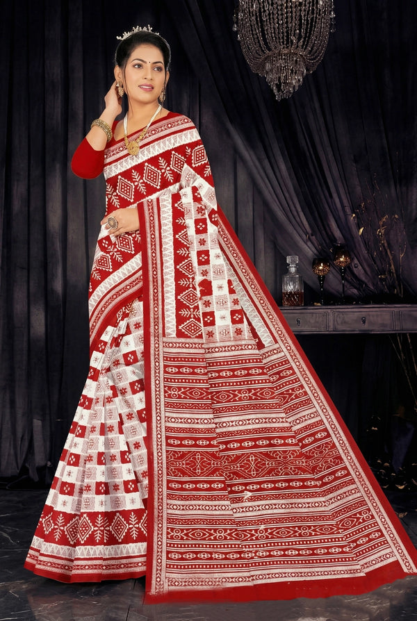 Red & White Cotton Printed Saree with Traditional Border, Ethnic Daily Wear for Women - Red & White