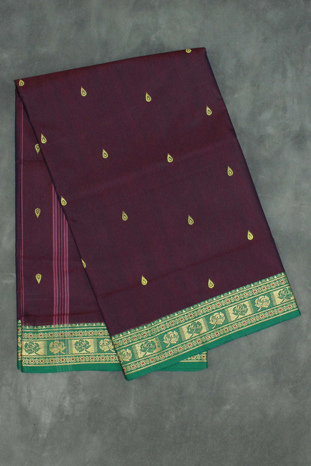Dark Purple Poly Cotton Butta Saree with Green Threaded Border Saree JCS Fashions Dark Purple 5.5 meters