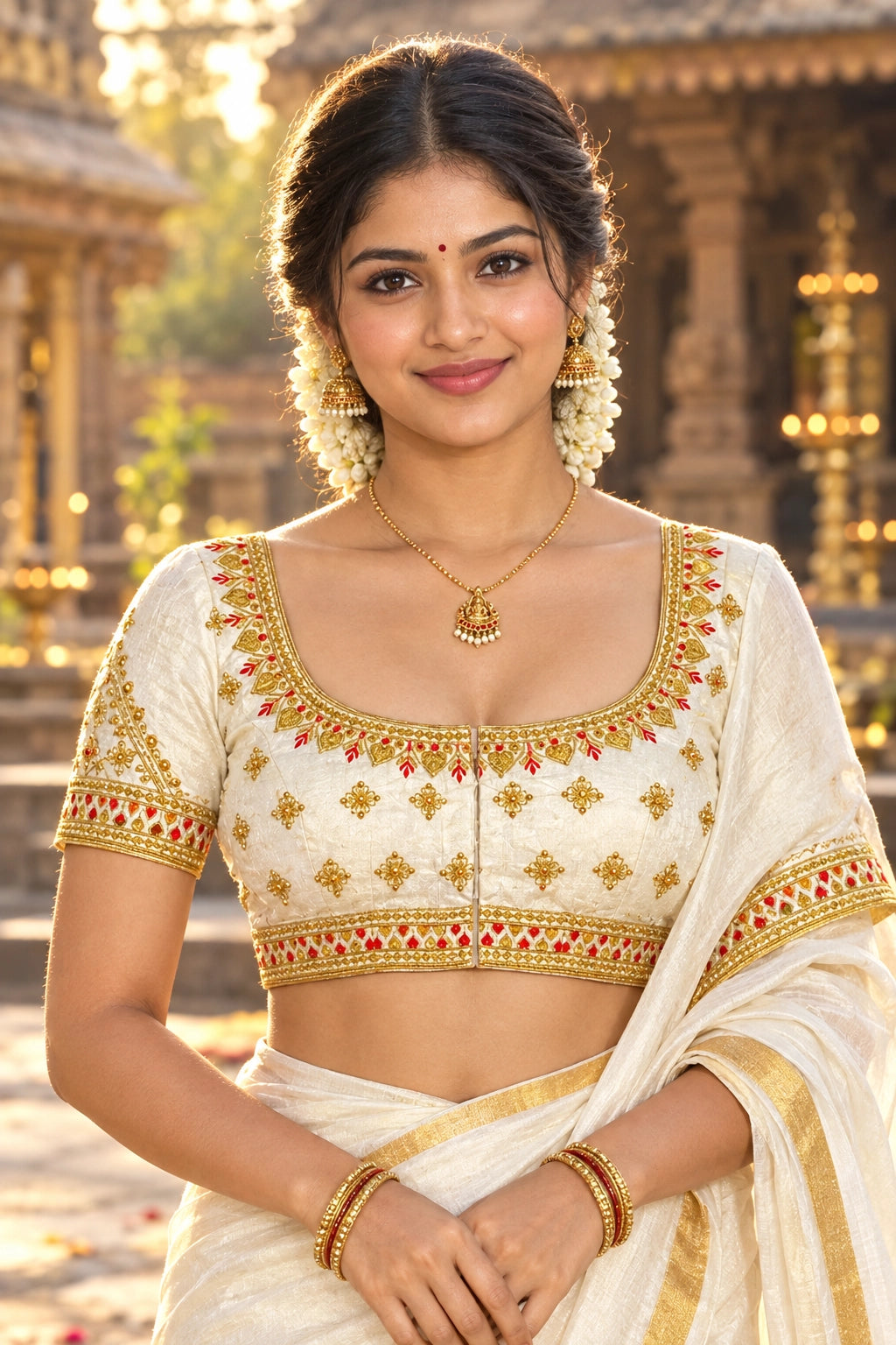 White Ready to Wear Padded Designer Blouse with Zari Floral & Paisley Work, U-Shape Neck, Elbow Sleeves - White