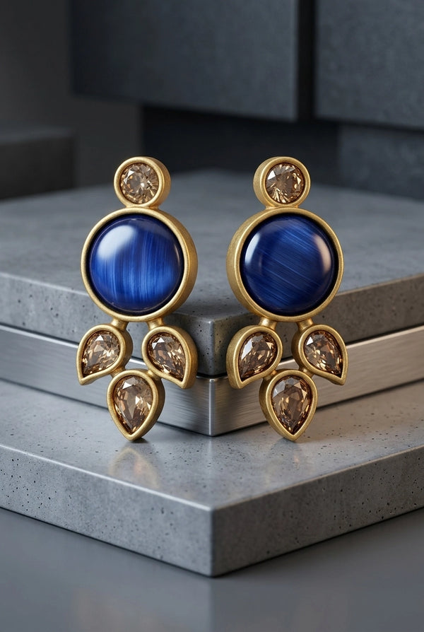 Blue Stone Teardrop Drop Stud Earrings, Gold-Tone Round Center with Crystal Accents for Women - Blue