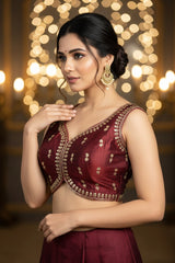 Maroon Sequin Floral Padded Ready Stitched Sleeveless Blouse with Back Tie and Embellished Finish - Maroon
