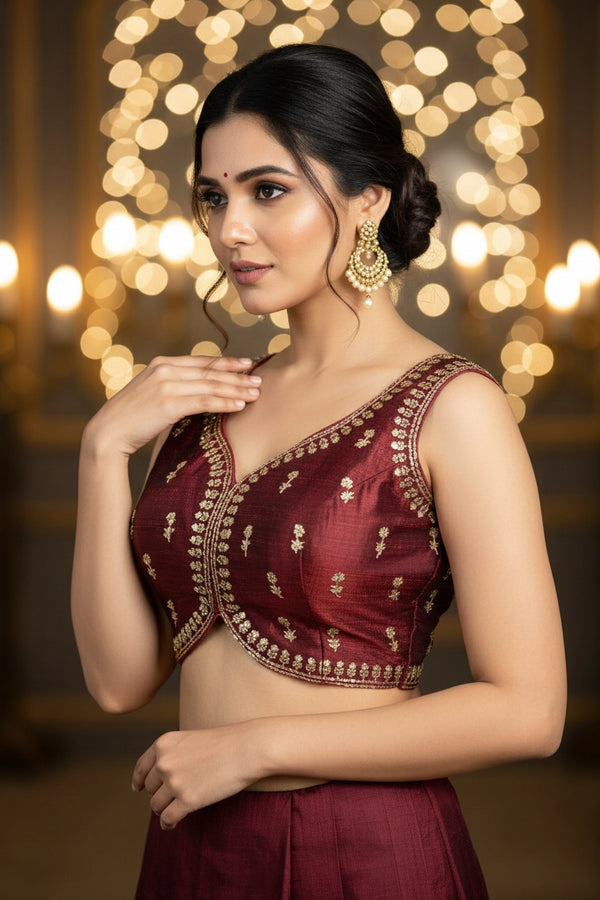 Maroon Sequin Floral Padded Ready Stitched Sleeveless Blouse with Back Tie and Embellished Finish - Maroon