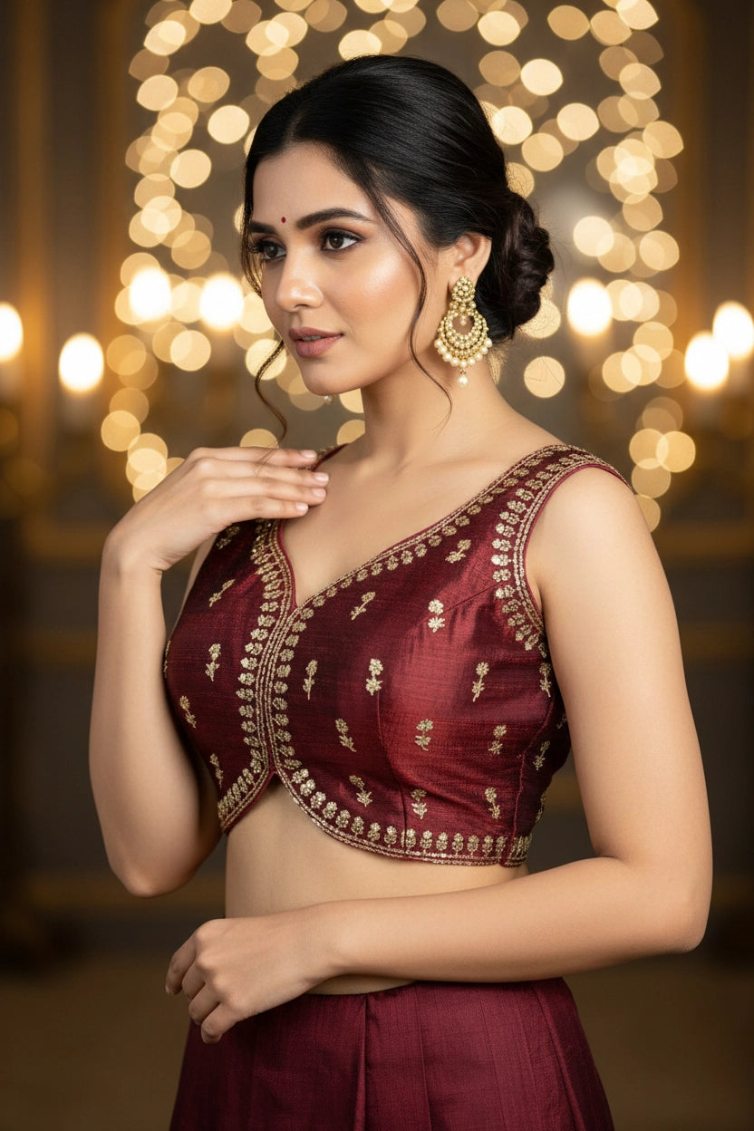 Maroon Sequin Floral Padded Ready Stitched Sleeveless Blouse with Back Tie and Embellished Finish - Maroon
