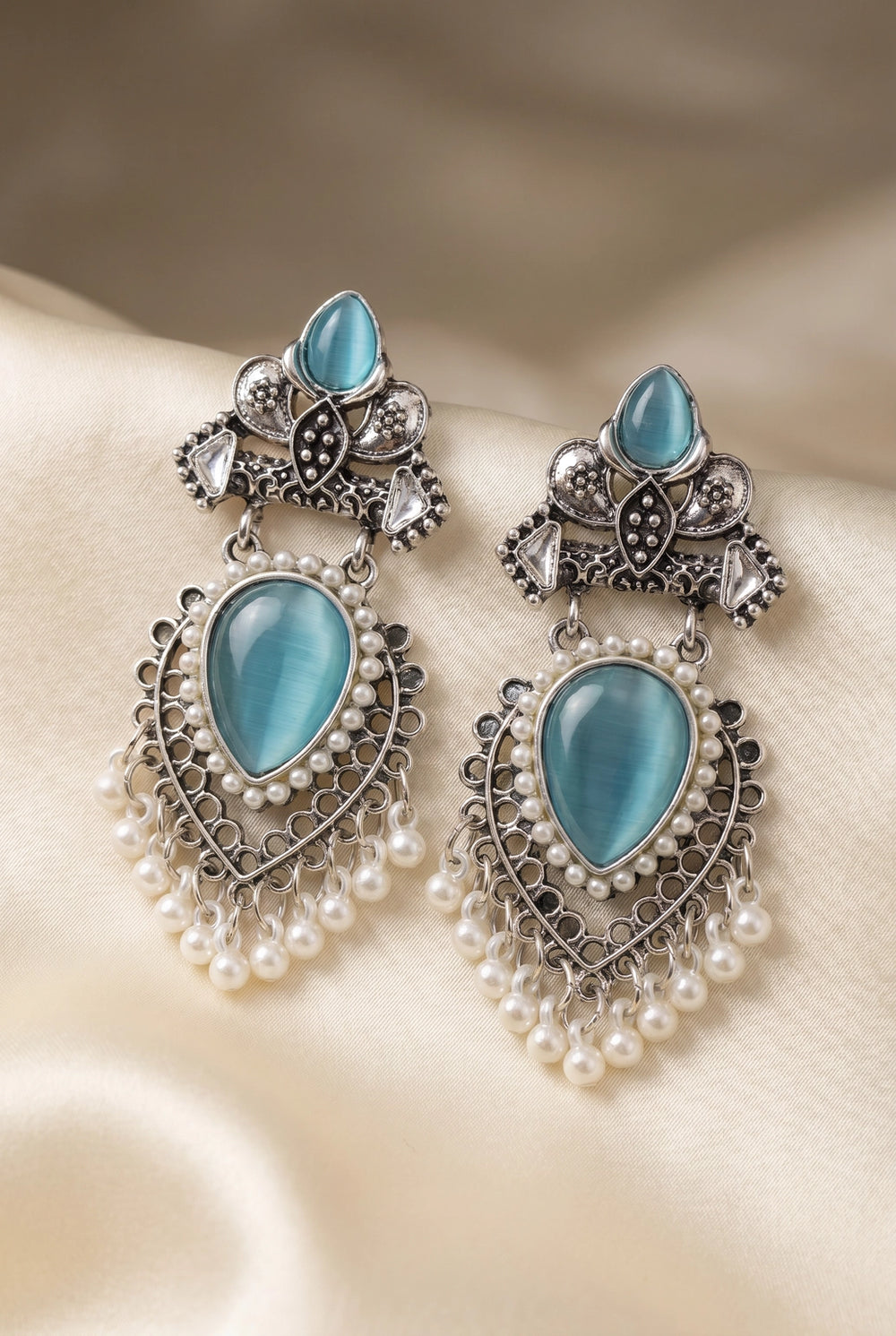 Sea Blue Teardrop Oxidized Silver-Tone Jhumka Earrings with Pearl Drops for Festive Wear - Sea Blue