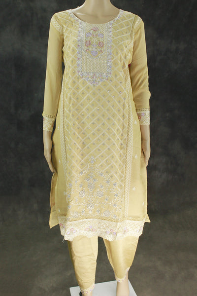 Pastel Yellow 3-Piece Salwar Kurti Set with Chiffon Dupatta, Stone Work Kurti and Elastic Pant - Pastel Yellow