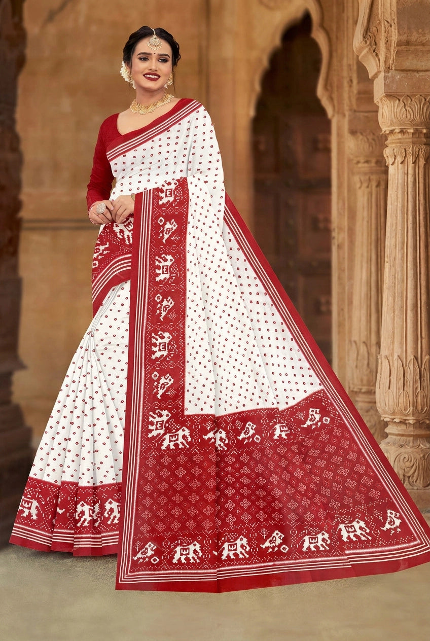 White & Red Pure Cotton Printed Saree with Contrast Border, Velvet-Style Pattern, No Blouse Included - White