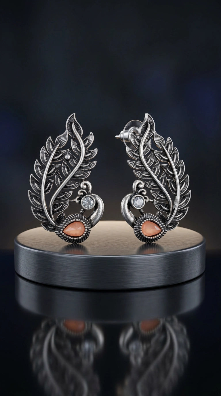 Oxidized Silver Leaf Teardrop Amber Stone Stud Earrings with Ear-Cuff Inspired Shape for Women - Light Pink