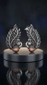 Oxidized Silver Leaf Teardrop Amber Stone Stud Earrings with Ear-Cuff Inspired Shape for Women - Light Pink